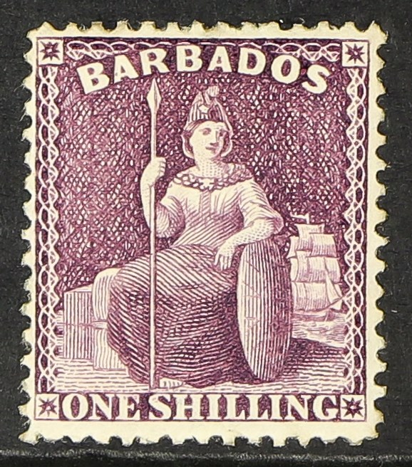 BARBADOS 1875-81 1s purple Britannia, Crown to right, SG 81w, mint with part gum, cat £150.