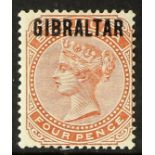 GIBRALTAR 1886 4d orange-brown overprinted on Bermuda, SG 5, very fine mint. Cat £190.