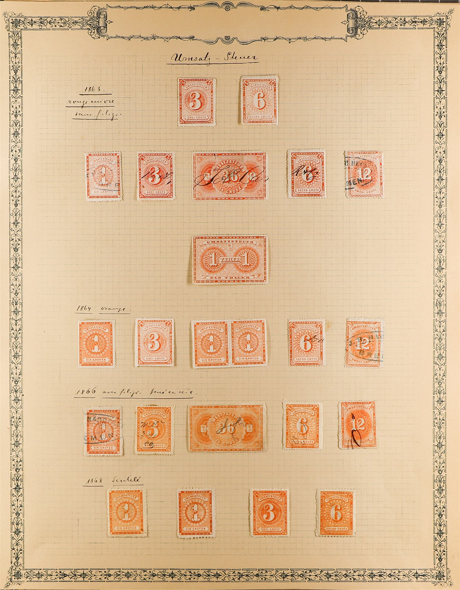 GERMAN STATES BREMEN REVENUS STAMPS SALE TAX STAMPS (UMSATZSTEUER) 1863-1881 mint & used