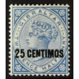 GIBRALTAR 1889 25c on 2½d bright blue, showing broken "N", SG 18b, fine mint. Cat £300.