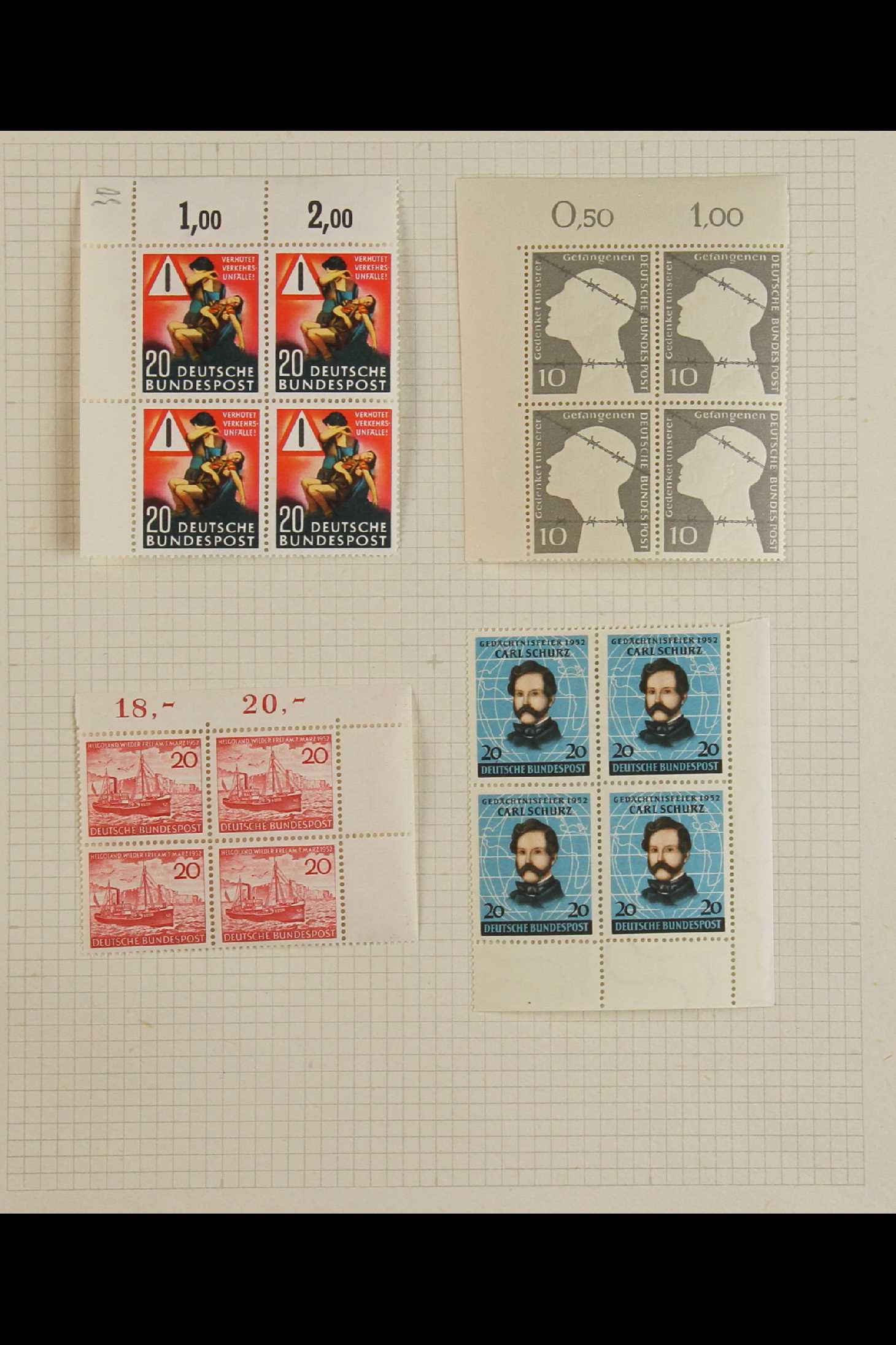 GERMANY WEST 1952-55 MINT NHM BLOCKS OF FOUR mostly hinged only in the margins only (stamps being - Image 2 of 8