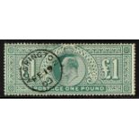 GB.EDWARD VII 1902 £1 dull blue-green, SG 266, fine used with neat Accrington 1903 cds.
