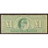 GB.EDWARD VII 1902 £1 dull blue-green, SG 266, never hinged mint, light bend and a tone spot on gum.