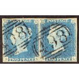 GB.QUEEN VICTORIA 1840 2d blue plate 1 horizontal pair, with clear neat 1844 type "498" Manchester