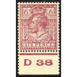 GB.GEORGE V 1924-26 6d reddish purple, control "D38" perf. single, never hinged mint with tiny ink