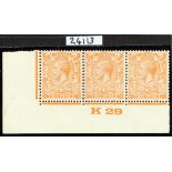 GB.GEORGE V 1924-26 2d pale yellow-orange, SG Spec. N36 (5), "K29" corner control strip of three,