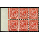 GB.GEORGE V 1924-26 1d scarlet, experimental paper, SG 419b, never hinged mint marginal block of