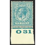 GB.GEORGE V 1924-26 10d turquoise blue, SG Spec. N44 (1), "O31" control, mint. Cat £120.