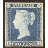 GB.QUEEN VICTORIA 1841 2d blue plate 4, lettered "II", mint with large part gum, good to large