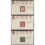 GREAT BRITAIN THREE OLD S.G. PORTFOLIO CARDS with 1902-11 1d plate proof in green doubly printed,