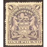 RHODESIA 1898-1908 £1 greyish red-purple Arms, SG 90, mint with large part gum, usual rough