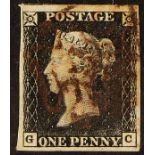 GB.PENNY BLACKS 1840 1d black, plate 7 "GC", four good margins and what appears to be a brownish-red