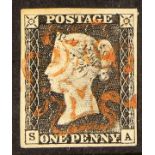 GB.PENNY BLACKS 1840 1d black, plate 1A worn, "SA", four good margins and red Maltese cross, small