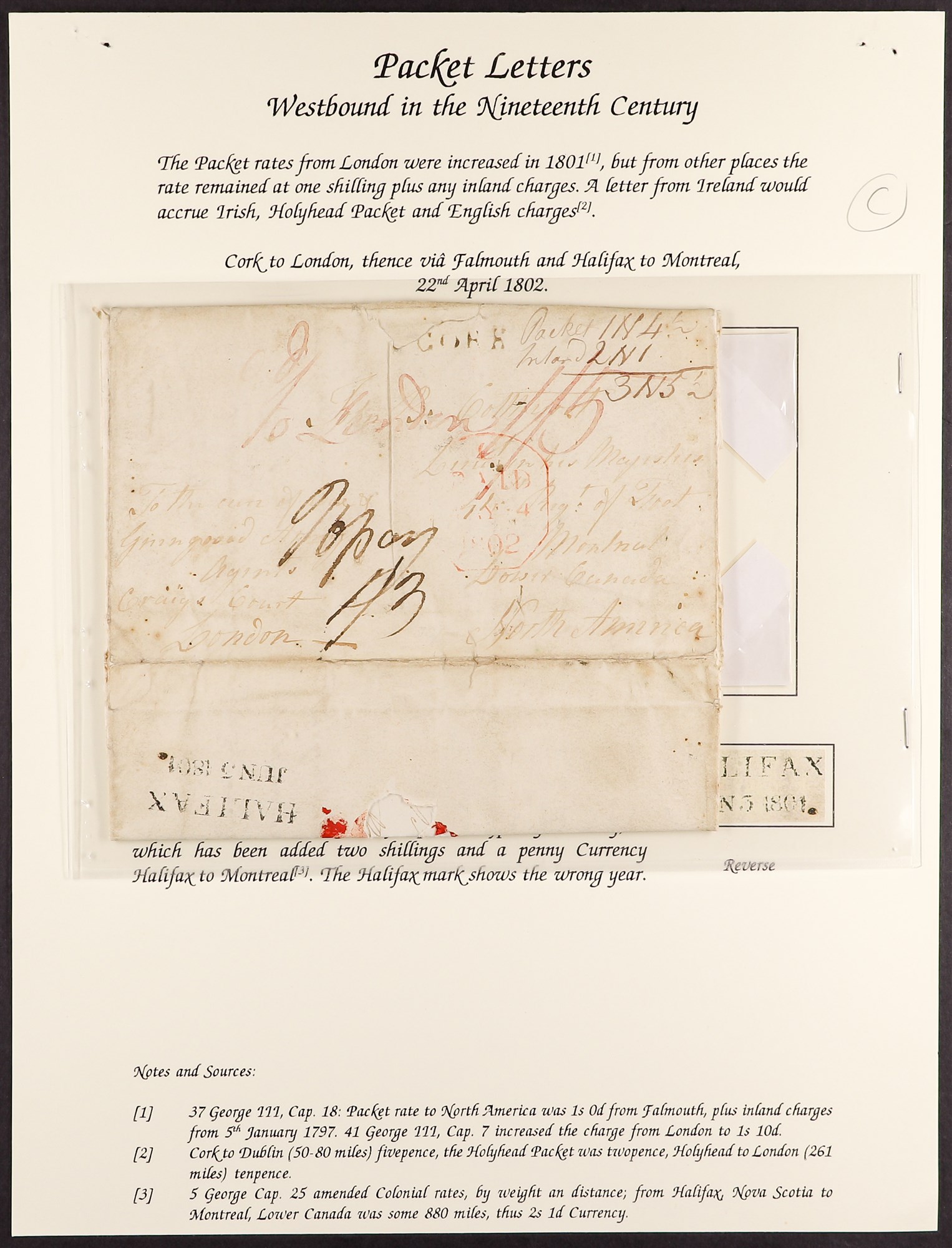 CANADA TRANSATLANTIC MAIL FROM IRELAND 1802 entire letter Cork to Montreal, via London and