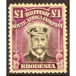 RHODESIA 1918-21 £1 black and bright purple Admiral, Die IIIB, SG 278, very fine mint. Cat. £550.