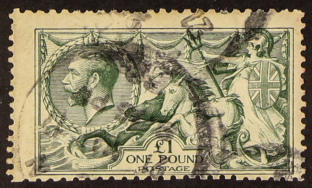 GB.GEORGE V 1913 £1 dull blue-green Seahorse, SG 404, good used, couple of shorter perfs at top. Cat
