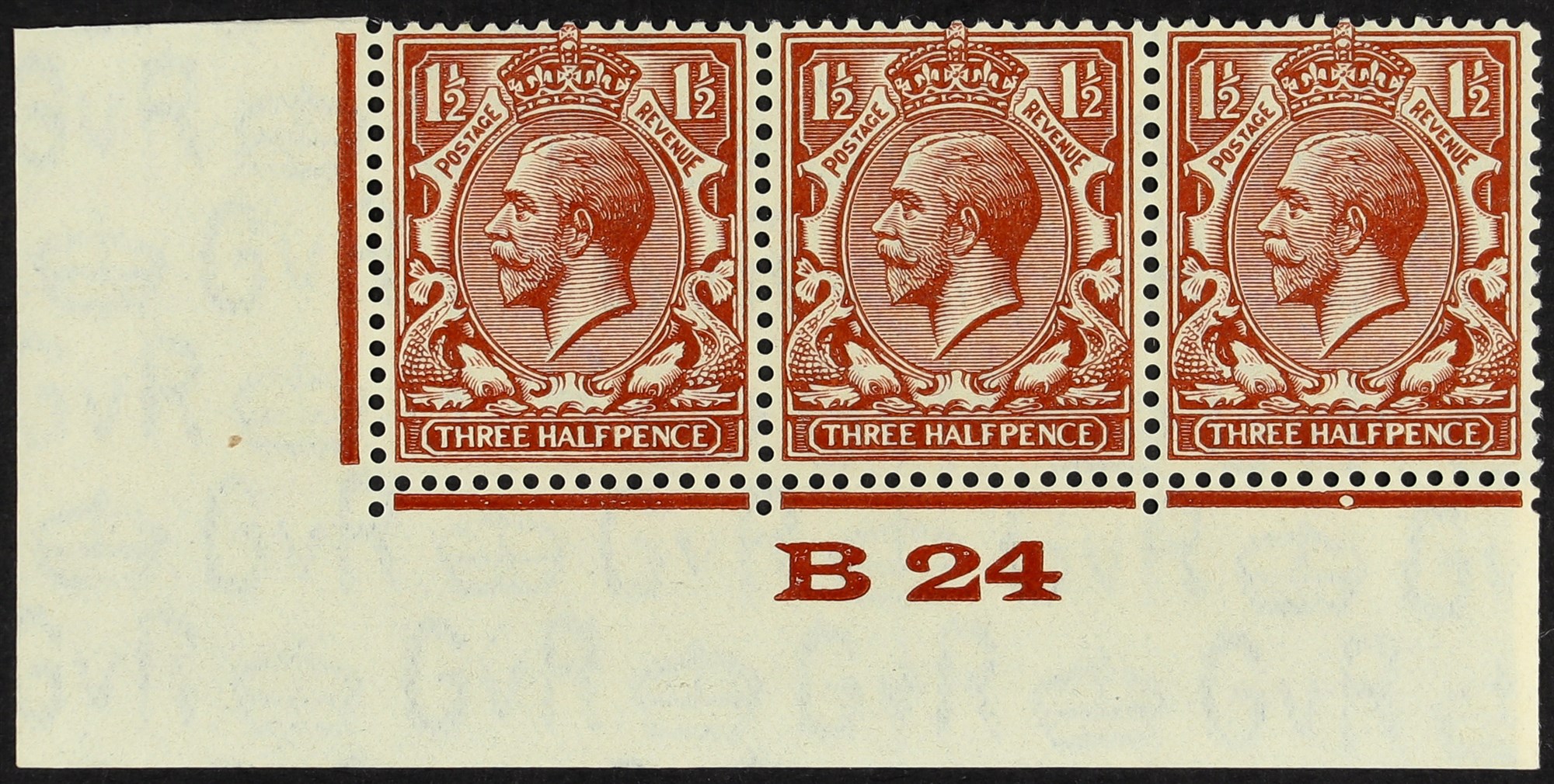 GB.GEORGE V 1924-26 1½d chestnut, SG Spec. N35 (4)p "B24" control strip, showing varieties