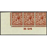 GB.GEORGE V 1924-26 1½d chestnut, SG Spec. N35 (4)p "B24" control strip, showing varieties