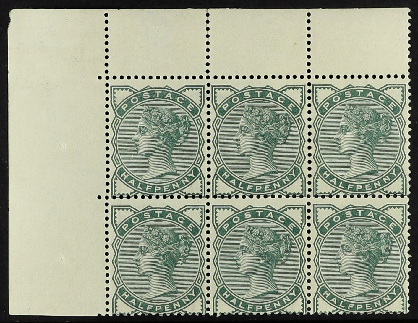 GB.QUEEN VICTORIA 1880-81 ½d deep green, SG 164, upper left corner block of six, never hinged
