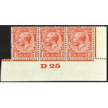 GB.GEORGE V 1924-26 1d scarlet, control "D25" strip of three, stamps never hinged mint. Cat £100 for