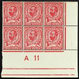 GB.GEORGE V 1911-12 1d carmine Die B, SG 329, never hinged mint lower right corner control "A11"