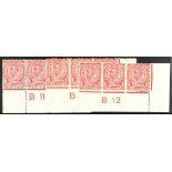 GB.GEORGE V 1912 1d Die 2, Somerset House corner control strips of three B11 perf. type 2A, B12