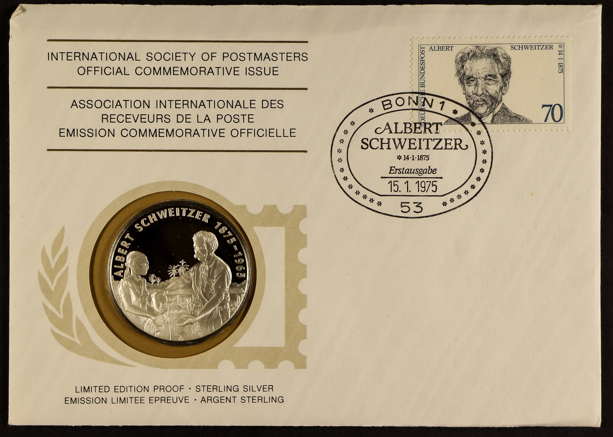 SILVER MEDALLIONS 1975-80 INTERNATIONAL SOCIETY OF POSTMASTERS COVERS in an album (each 20g, 0.