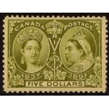 CANADA 1897 $5 olive-green Jubilee, SG 140, fine mint. Cat £1400.