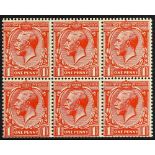 GB.GEORGE V 1924-26 1d deep scarlet vermilion, S G Spec. N34 (4), never hinged mint block of six,