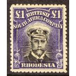 RHODESIA 1917-20 £1 deep black and violet-indigo Admiral, Die IIIA, SG 255t, very fine mint, could