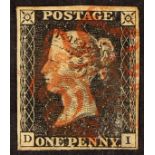 GB.PENNY BLACKS 1840 1d black, Plate 2 "DI", four margins and red Maltese cross.