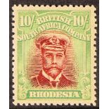 RHODESIA 1917-20 10s carmine-lake and yellow-green Admiral, Die IIIA, SG 255q, never hinged mint.