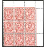 GB.GEORGE V 1912 1d scarlet, watermark reversed, SG 350wj, upper right corner block of nine,