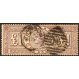 GB.QUEEN VICTORIA 1884 £1 brown-lilac "Crowns", SG 185, with neat London duplex, ironed horizontal