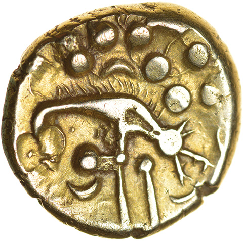 Norfolk Wolf Right. Hooked Fibula Type. Iceni. c.55-50 BC. Celtic gold stater. 17mm. 6.12g. - Image 2 of 2