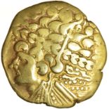 Broad Flan Left. Bellovaci. c.175-120 BC. Celtic gold stater. 25mm. 7.47g.