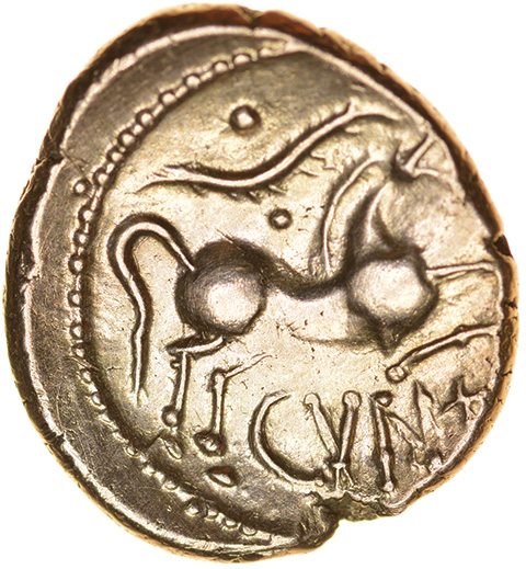 Cunobelinus Linear.CVN+ Type. Catuvellauni & Trino. c.AD 8-41. Celtic gold stater. 15-17mm. 5.51g. - Image 2 of 2