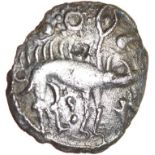 Sun and Moon Proto Boar. Rich Type 6a. Corieltauvi. c.55-45 BC. Celtic silver unit. 13mm. 0.90g.