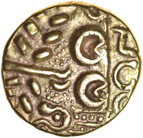 North East Coast. Right Type with Sun. Corieltauvi. c.60-50 BC. Celtic gold stater. 19mm. 5.95g.