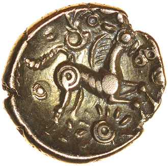 Triple Line Crescents. Sills British C. Regini. c.55-45 BC. Celtic gold quarter stater. 11mm. 1.13g. - Image 2 of 2