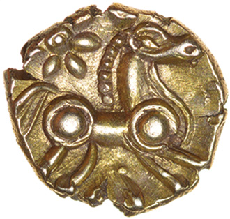 Raunds Wing. Leaves Up Ladder. Catuvellauni. c.55-45 BC. Celtic gold quarter stater. 10mm. 1.20g. - Image 2 of 2