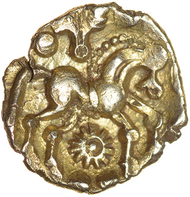 Harlow Flyer. Sills British Ld2. Eastern. c.55-45 BC. Celtic gold quarter stater. 12mm. 1.11g. - Image 2 of 2