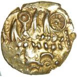 Essex Wheels. Sills dies 1/1. Eastern. c.55-45 BC. Celtic gold quarter stater. 15mm. 1.43g.