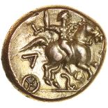 Tasciovanos Warrior. Reverse S-Type. Catuvellauni. c.25BC-AD10. Celtic gold stater. 16mm. 5.45g.