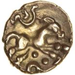 Kentish Horse Brooch. Cantiaci. c.45-40 BC. Celtic gold quarter stater. 12mm. 1.33g.