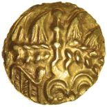 Bognor Cogwheel. Mane, Two Arcs Type. Regini. c.55-45 BC. Celtic gold quarter stater. 13mm. 1.40g.