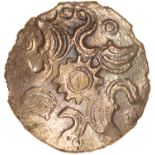 Danebury Scrolls Left. Belgae. c.60-50 BC. Celtic gold quarter stater. 12mm. 1.08g.