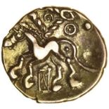 Corded Triangle. X-Box Type. Cantiaci. c.50-40 BC. Celtic gold quarter stater. 12mm. 1.26g.