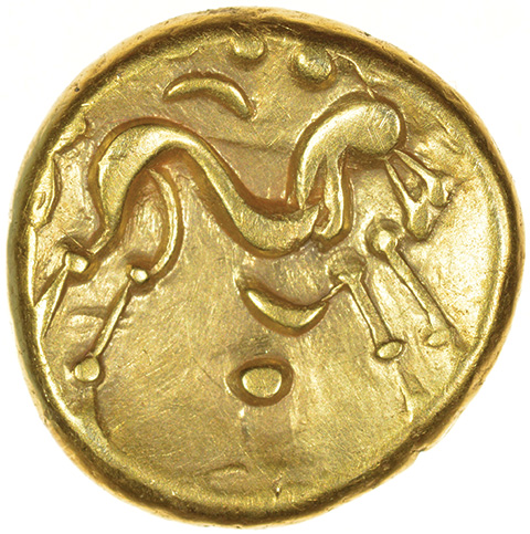 Gallic War Uniface. Pellet Nose Type. Ambiani. c.56-55 BC. Celtic gold stater. 15mm. 6.23g.