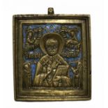 Russian Orthodox enameled bronze Icon Saint Nicholas